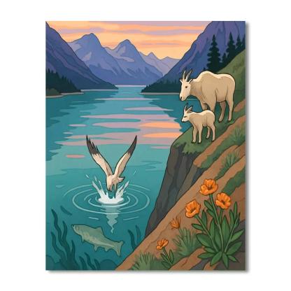 Cliffside Mirror Water, Lake At Sunrise paint by color