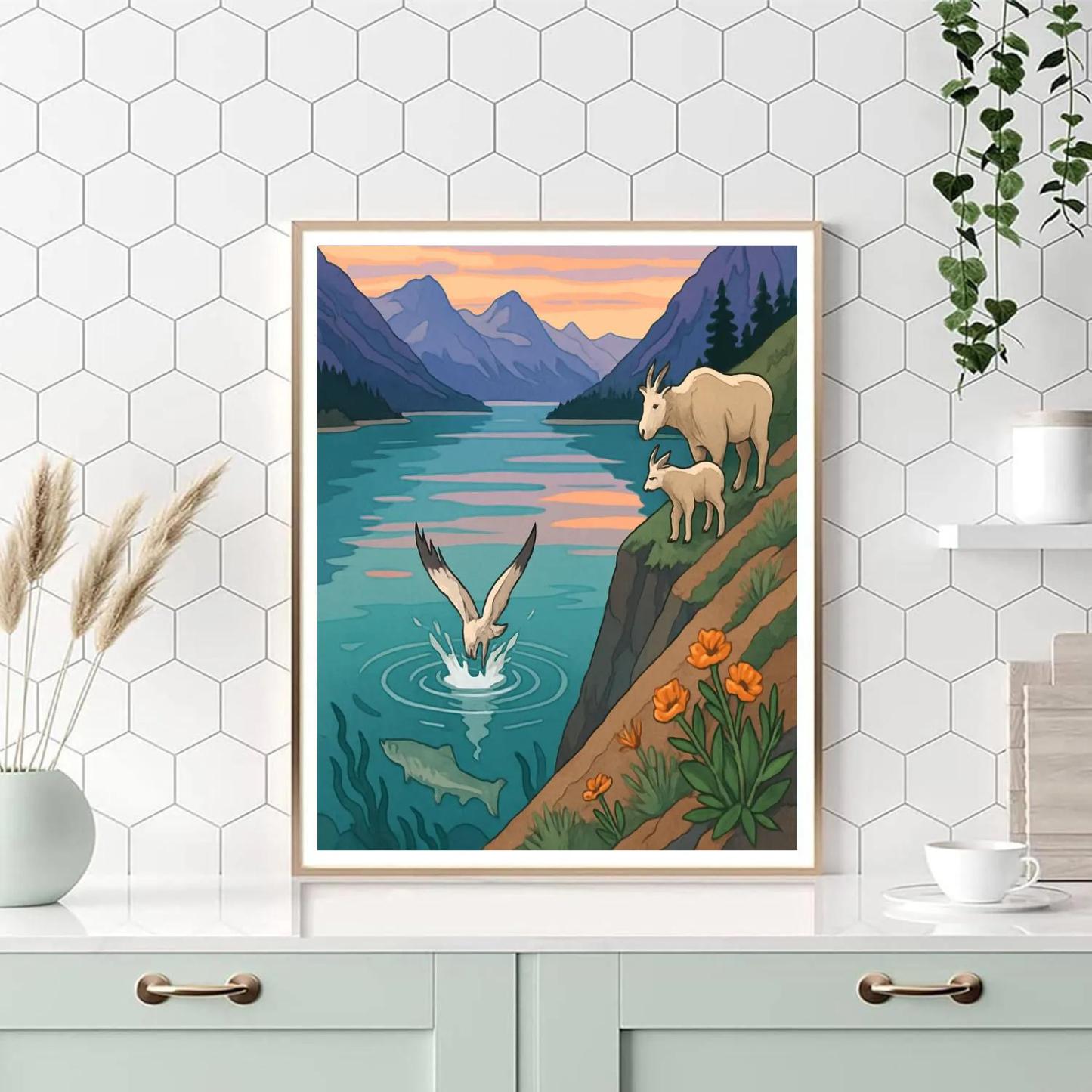 Cliffside Mirror Water, Lake At Sunrise paint by color