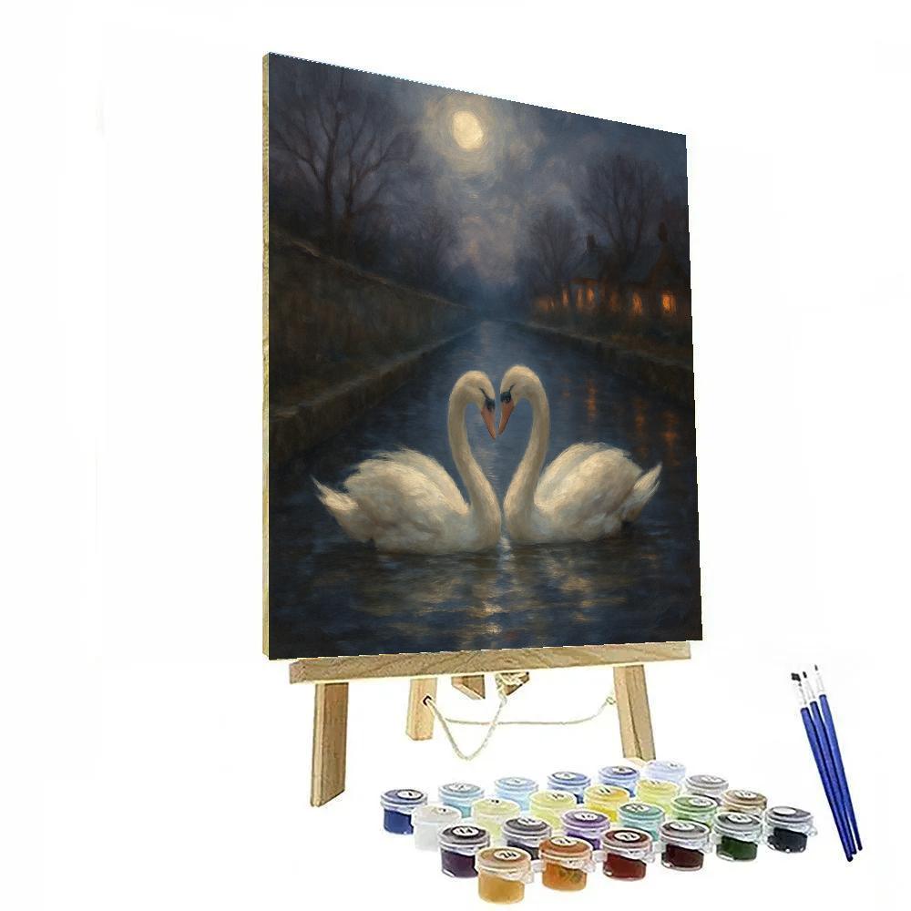 Moonlit Swans Along The Silver Canal paint by color