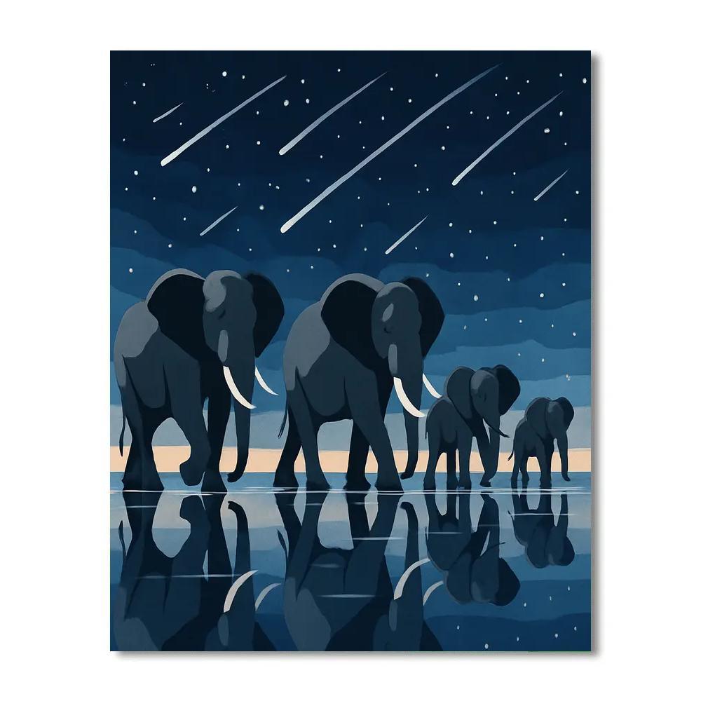 Herd Crossing Under A Meteor Shower, Elephant Number painting