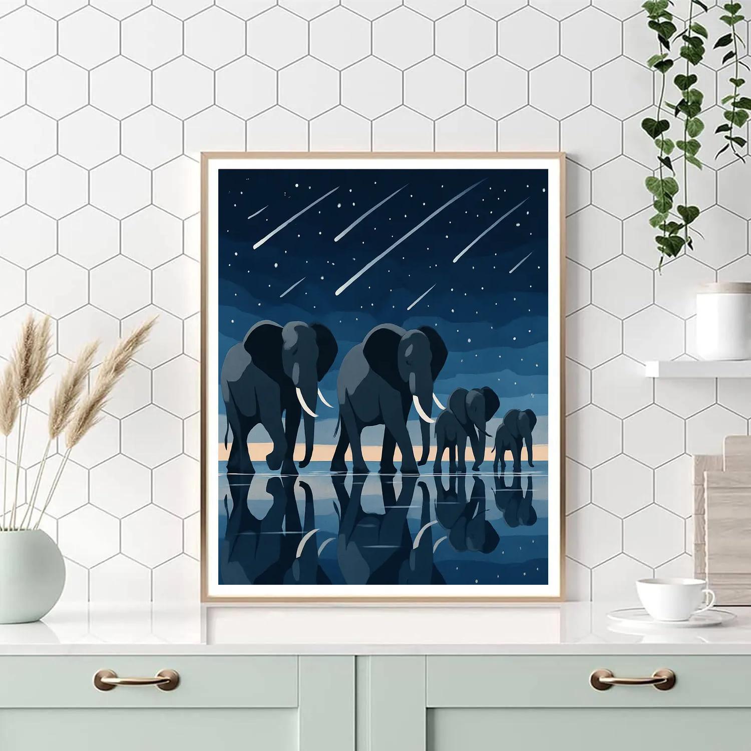 Herd Crossing Under A Meteor Shower, Elephant Number painting