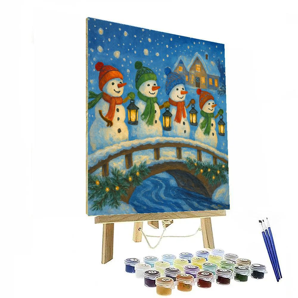 Snowman Parade Along A Lantern Bridge paint by color