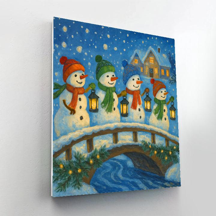 Snowman Parade Along A Lantern Bridge paint by color