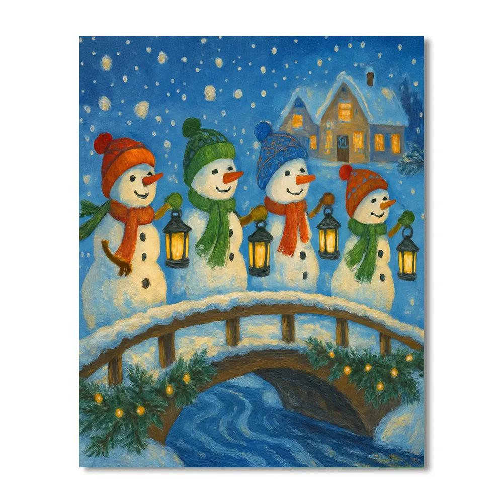 Snowman Parade Along A Lantern Bridge paint by color