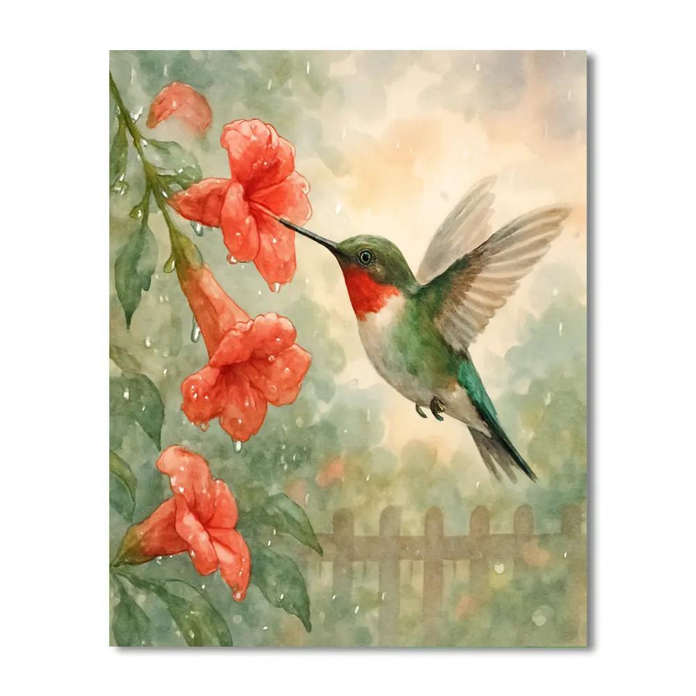 Hummingbird Pause In The Garden Rain Glow paint by numbers