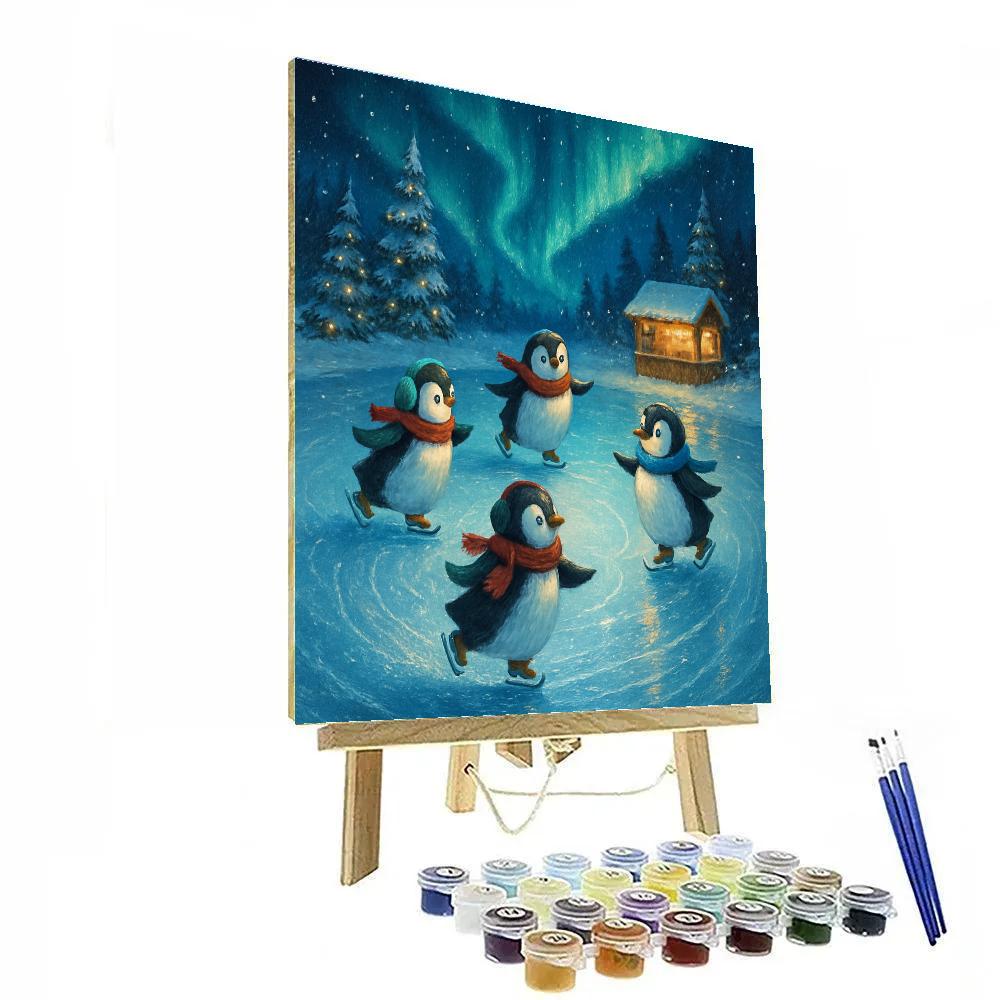 Penguin Skaters Under Northern Lights paint by numbers