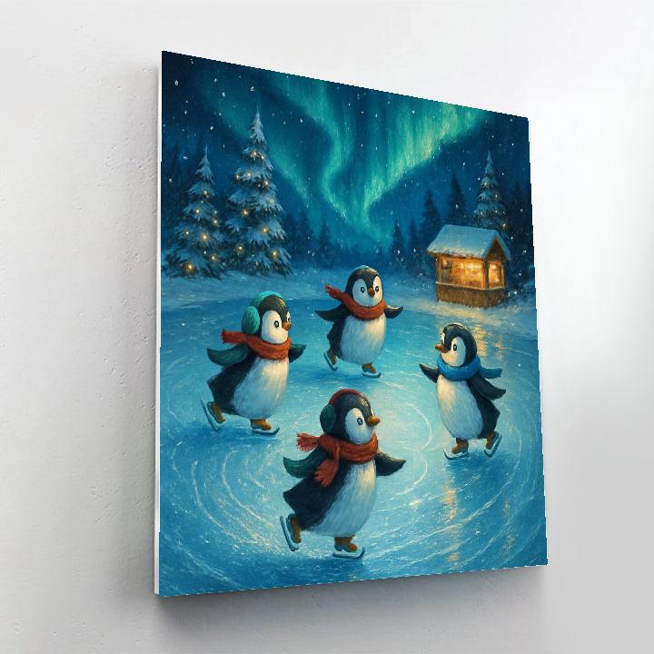 Penguin Skaters Under Northern Lights paint by numbers