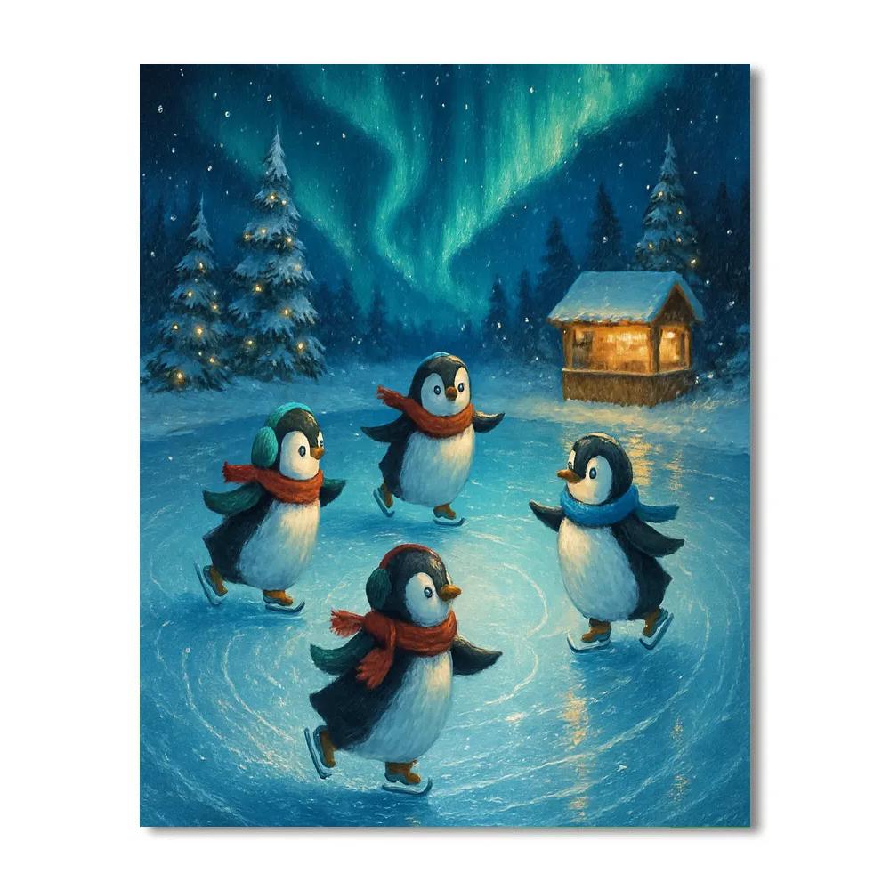 Penguin Skaters Under Northern Lights paint by numbers