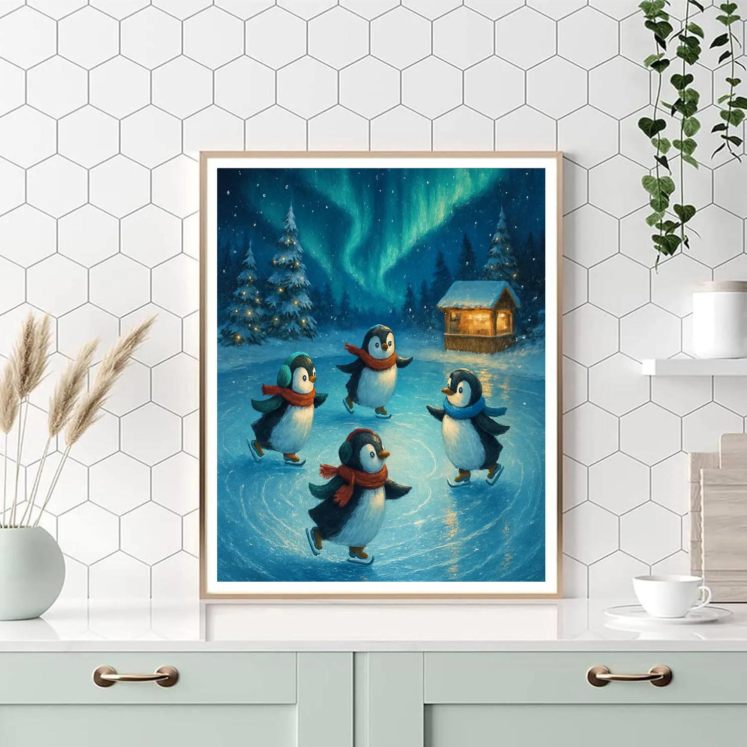 Penguin Skaters Under Northern Lights paint by numbers