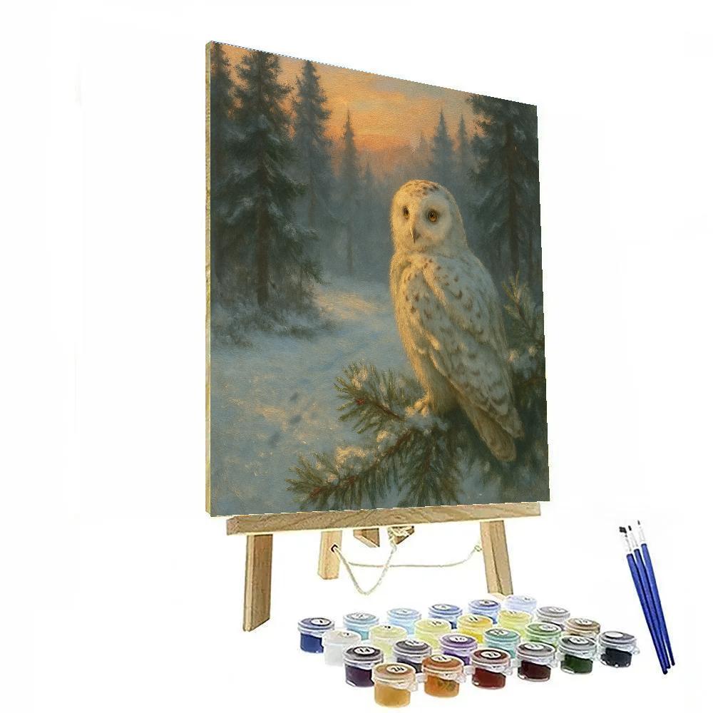 Snowy Owl Watch In The Pine Candlelight Dusk paint by numbers
