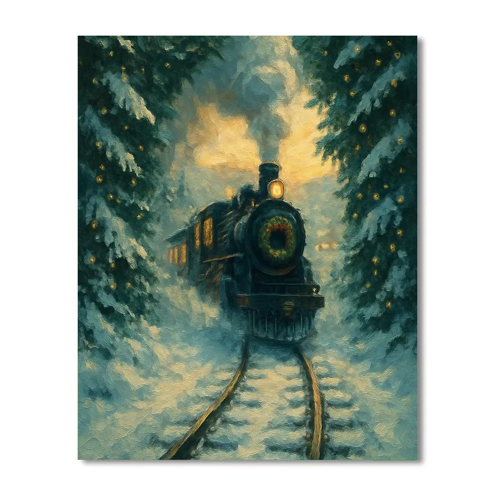 Winter Train Through A Glittering Pine Tunnel painting number kit