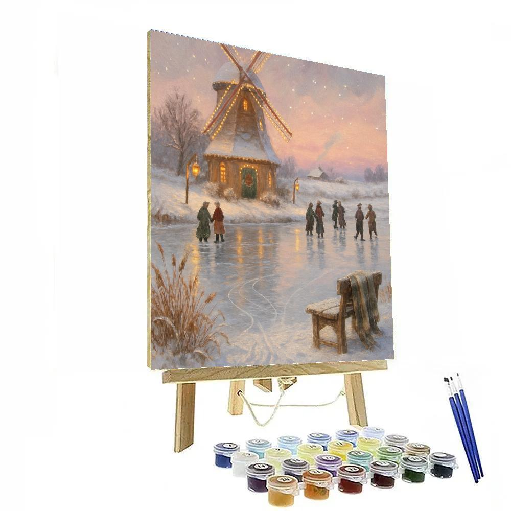 Skating Pond Beside A Glowing Windmill Paint by numbers art