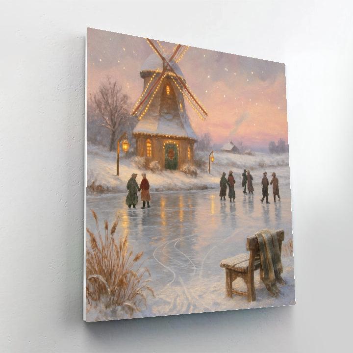Skating Pond Beside A Glowing Windmill Paint by numbers art