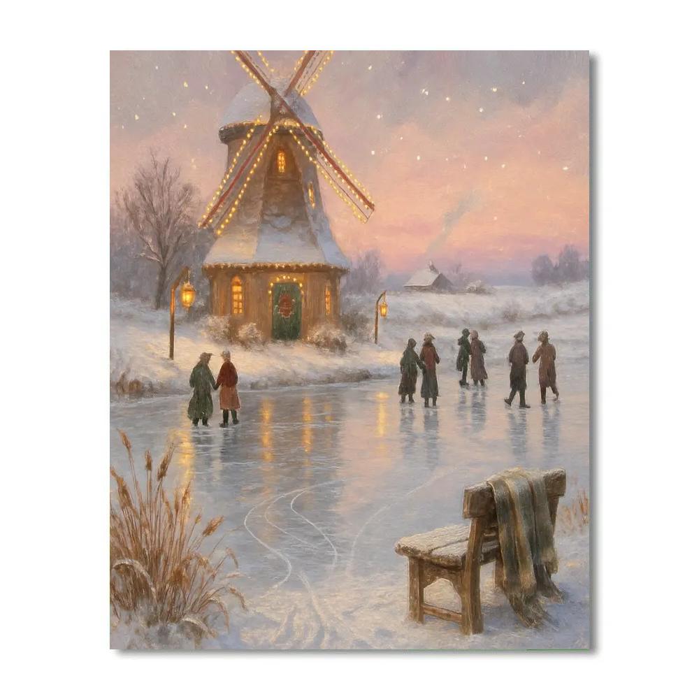 Skating Pond Beside A Glowing Windmill Paint by numbers art