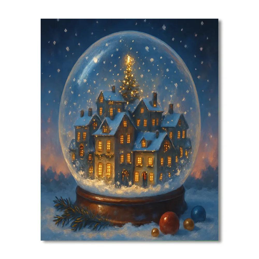 Snow Globe City Skyline With Holiday Rooftops Painting by numbers kit