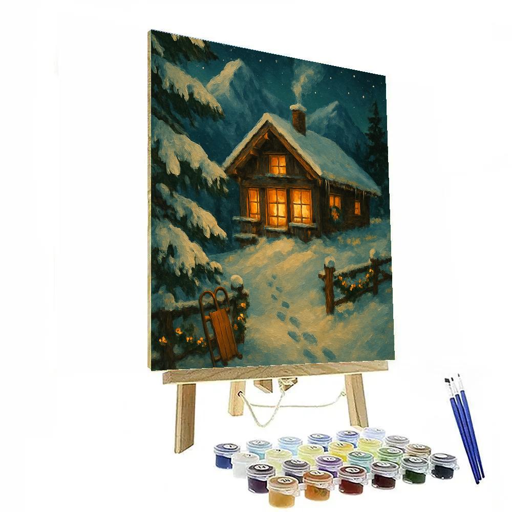 Mountain Chalet With Firelight And Falling Snow painting number kit