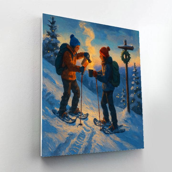 Twilight Snowshoe Trek With Glowing Cocoa Thermos Paint by numbers art