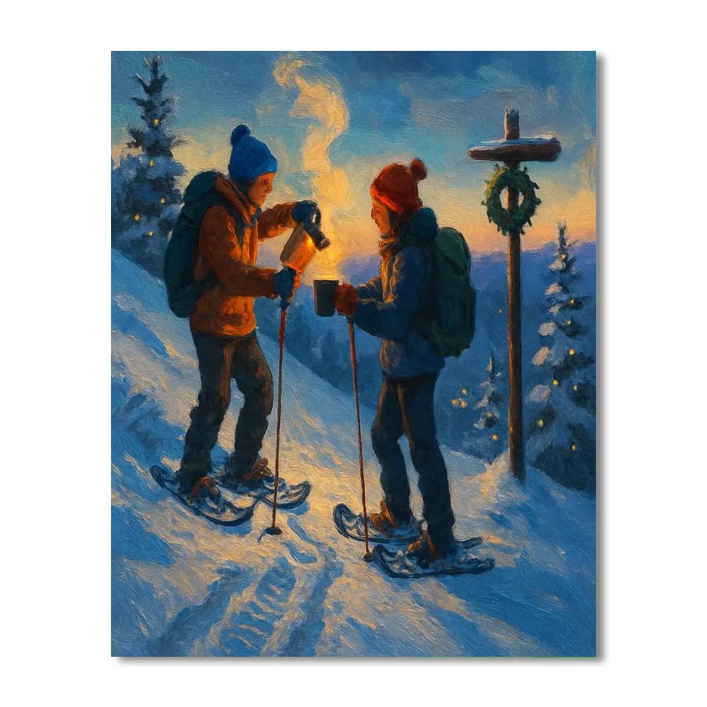 Twilight Snowshoe Trek With Glowing Cocoa Thermos Paint by numbers art