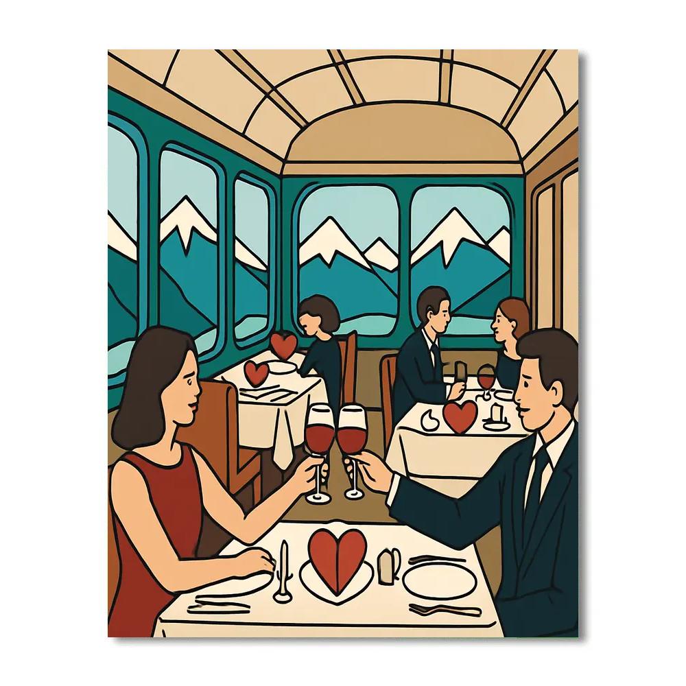Valentines Day Mountain Train Restaurant painting number kit