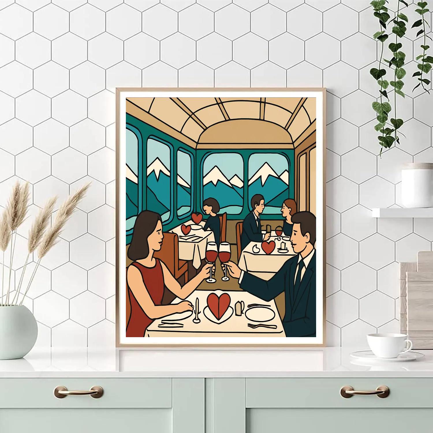 Valentines Day Mountain Train Restaurant painting number kit