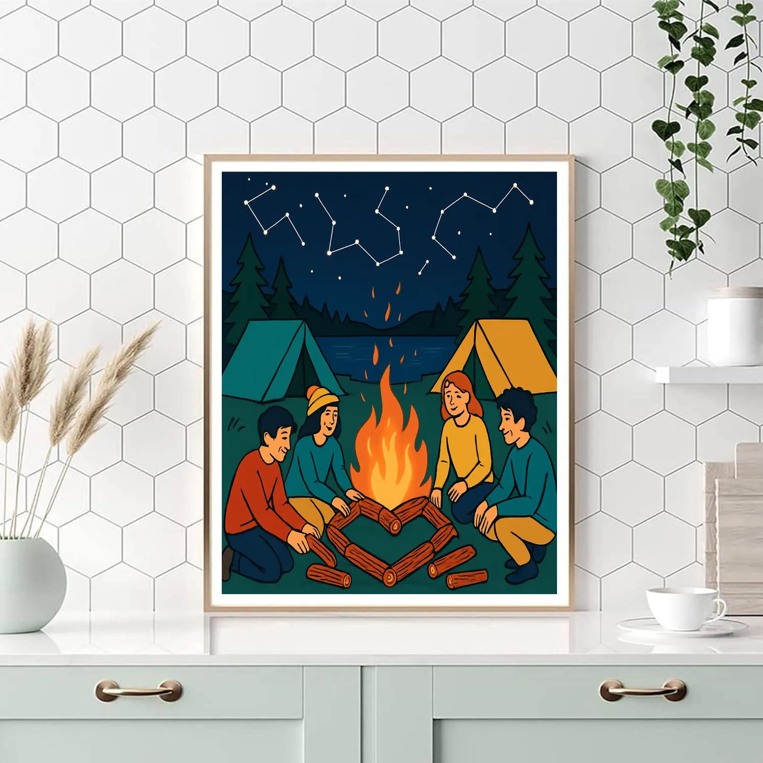 Valentines Day Lakeside Camping Night paint by color