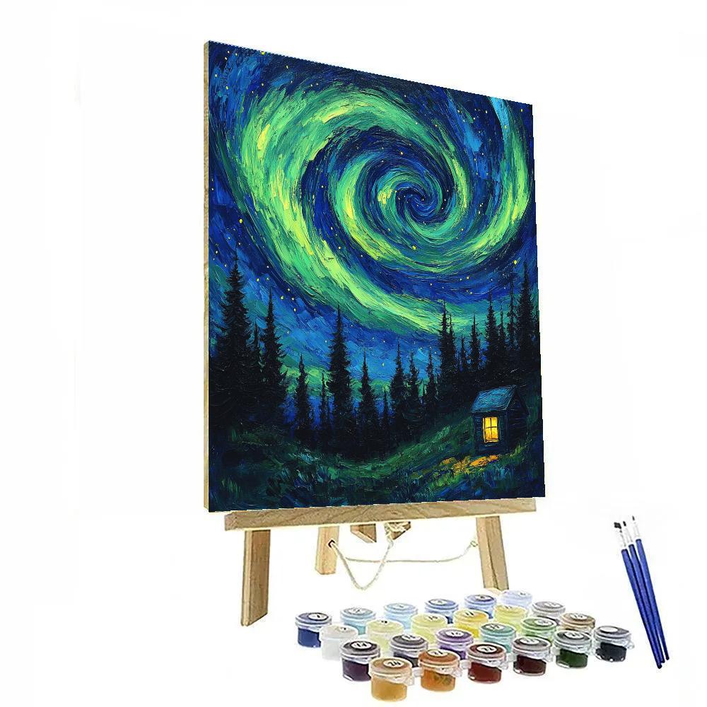 Van Gogh Inspired Aurora Over Pine Forest paint by numbers