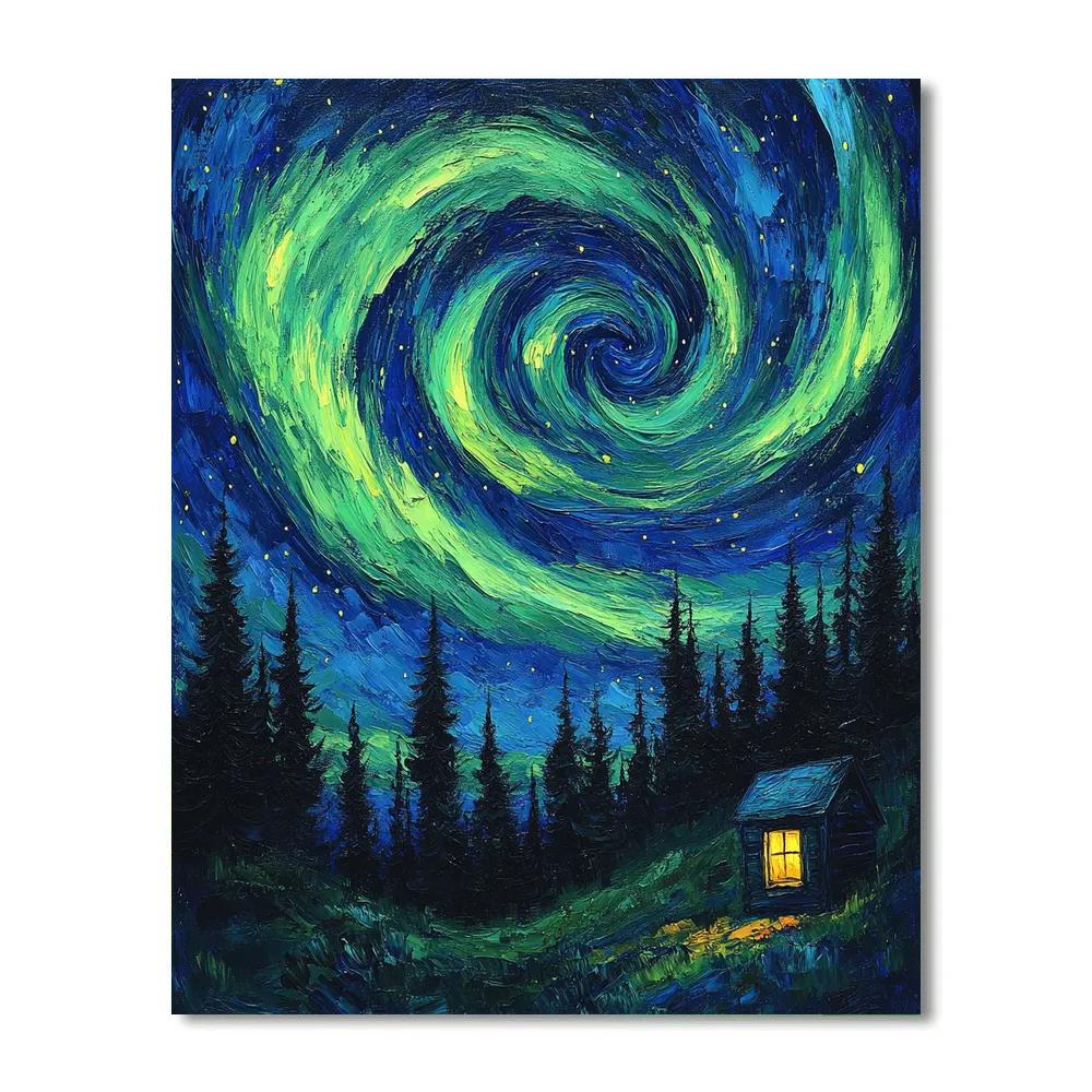 Van Gogh Inspired Aurora Over Pine Forest paint by numbers