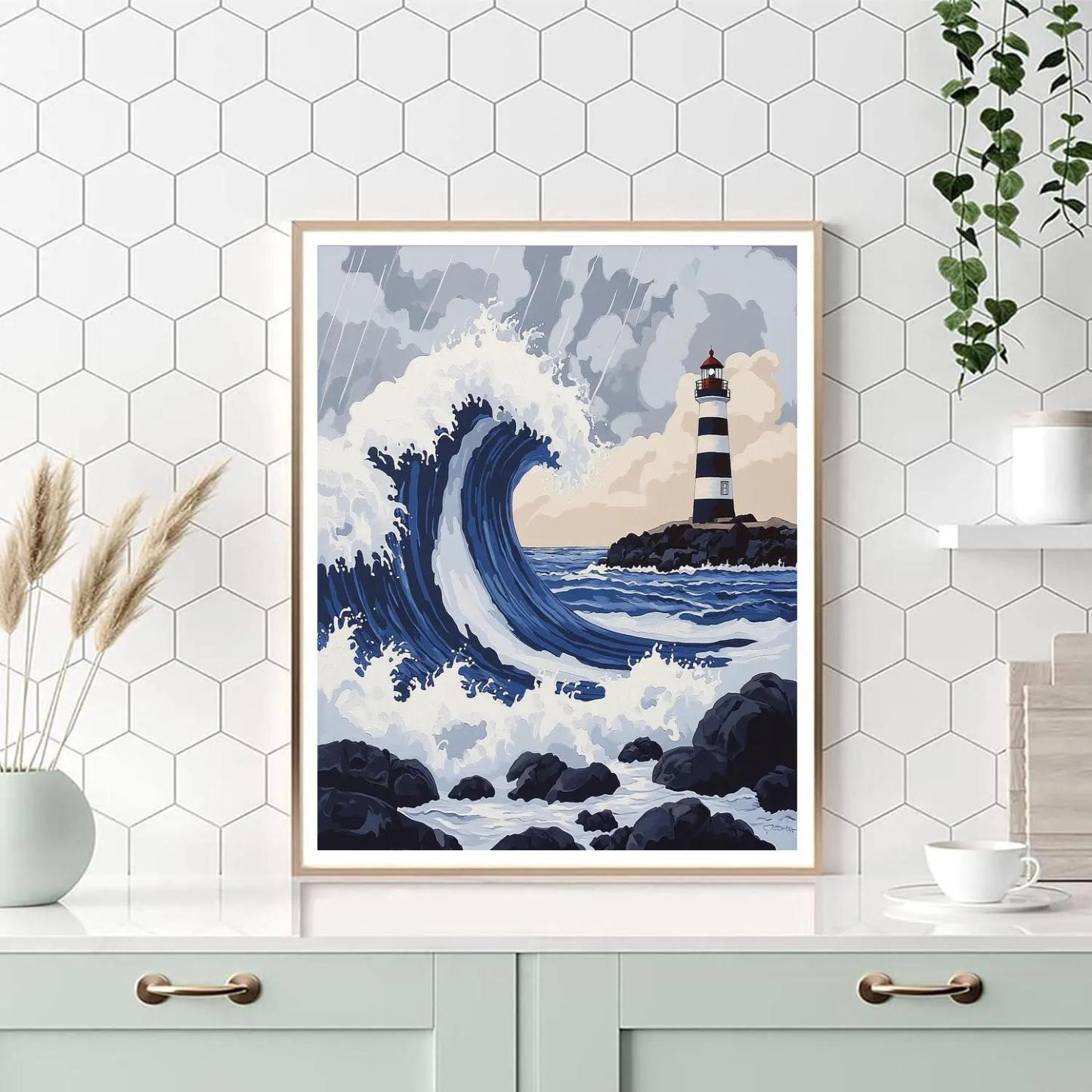 Hokusai Inspired Storm Waves And Lighthouse Painting by numbers kit