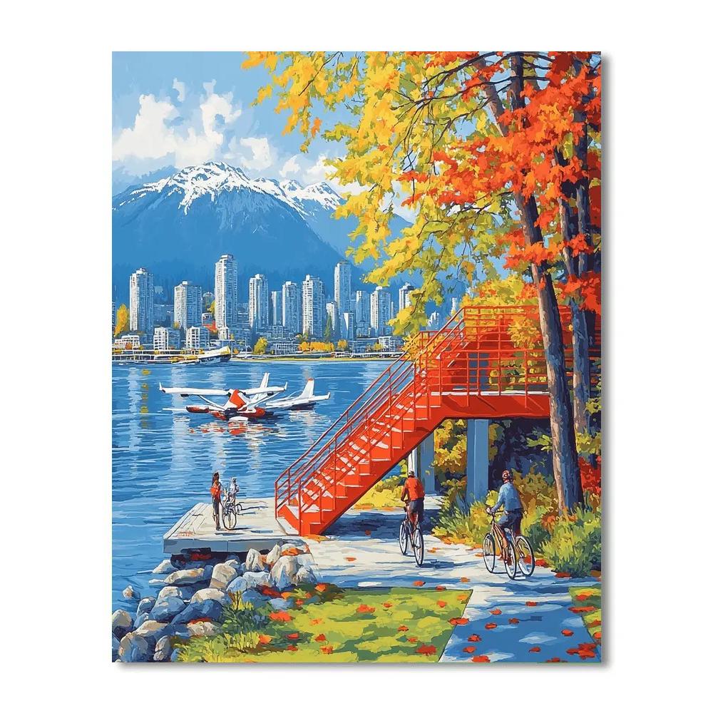 Dramatic Red Stairs In Coal Harbor Seawall Vancouver Canada painting number kit