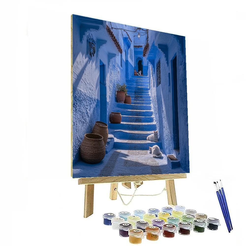Blue Medina Walls And Cat Filled Alley Chefchaouen Morocco painting number kit