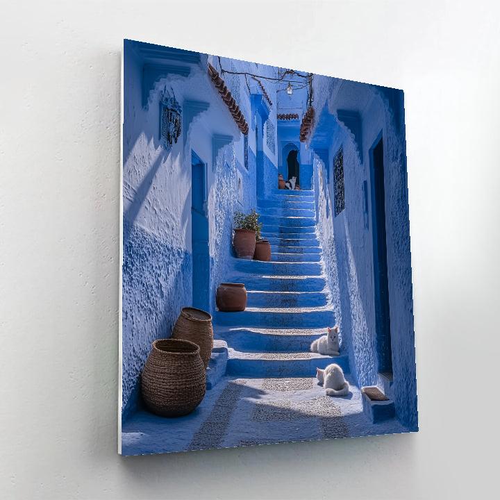 Blue Medina Walls And Cat Filled Alley Chefchaouen Morocco painting number kit