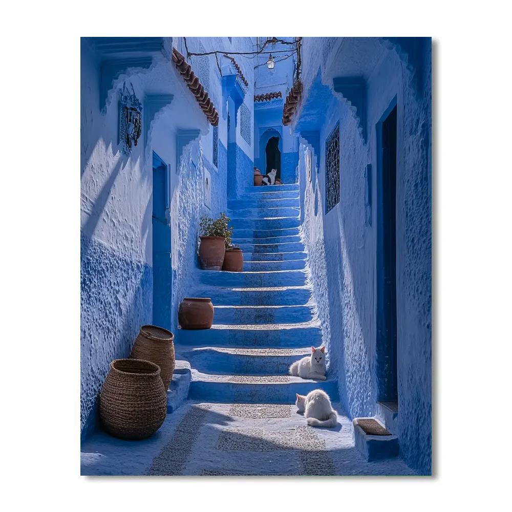 Blue Medina Walls And Cat Filled Alley Chefchaouen Morocco painting number kit