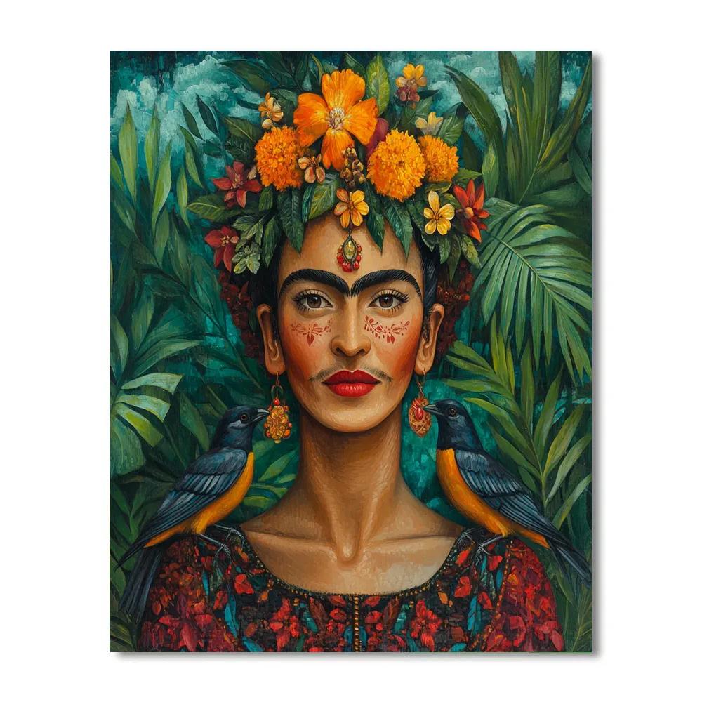 Frida Kahlo Inspired Portrait With Jungle Birds Number painting