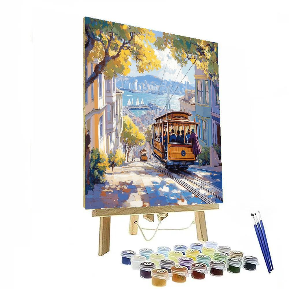 Cable Car Climbing Hills With Bay View San Francisco United States paint by color