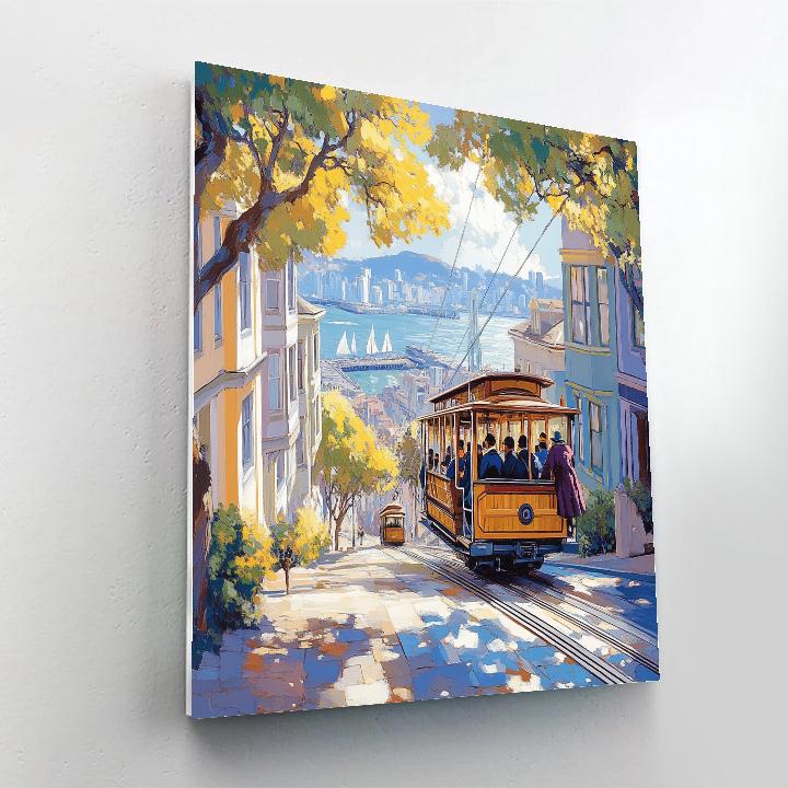 Cable Car Climbing Hills With Bay View San Francisco United States paint by color
