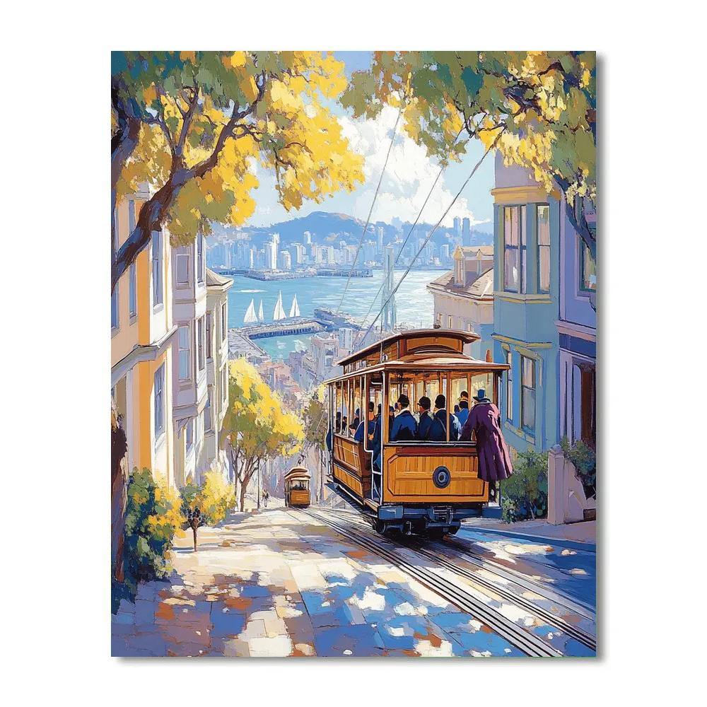 Cable Car Climbing Hills With Bay View San Francisco United States paint by color