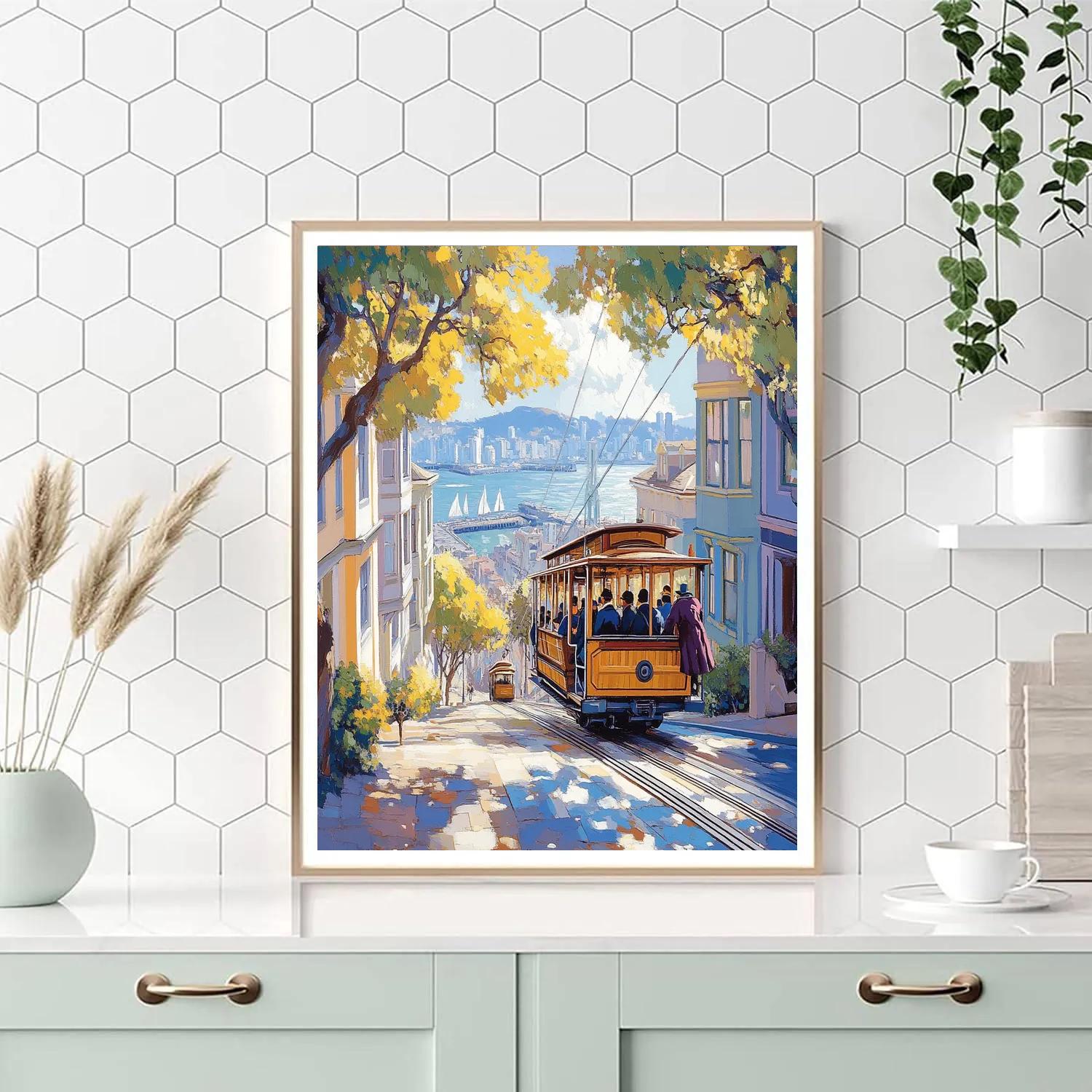 Cable Car Climbing Hills With Bay View San Francisco United States paint by color