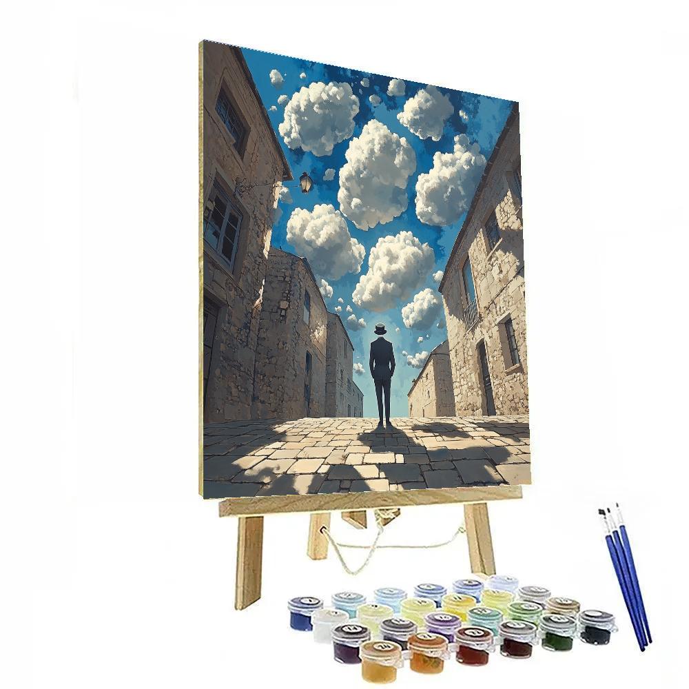 René Magritte Inspired Man In Bowler Under Floating Clouds painting number kit