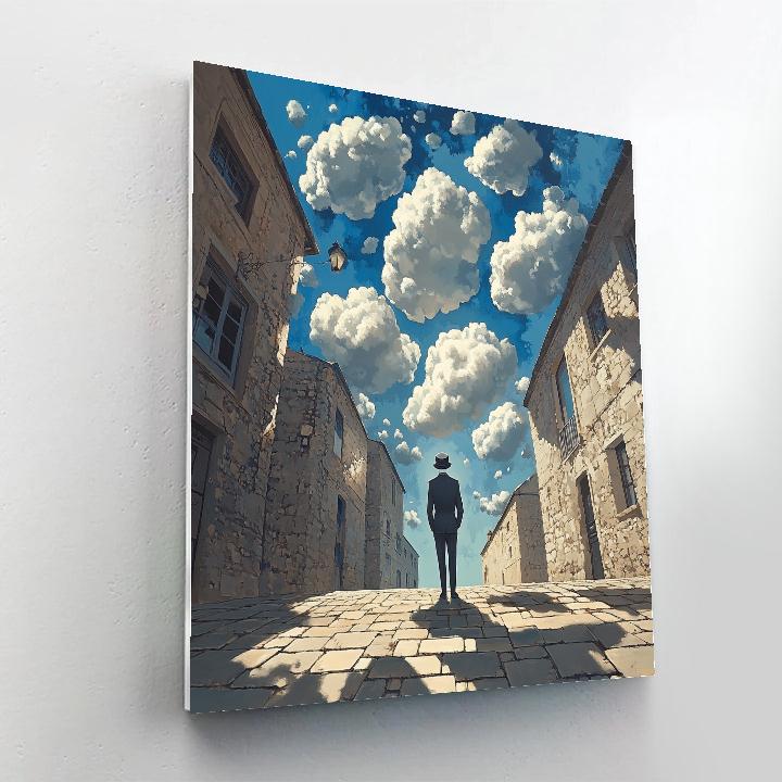 René Magritte Inspired Man In Bowler Under Floating Clouds painting number kit