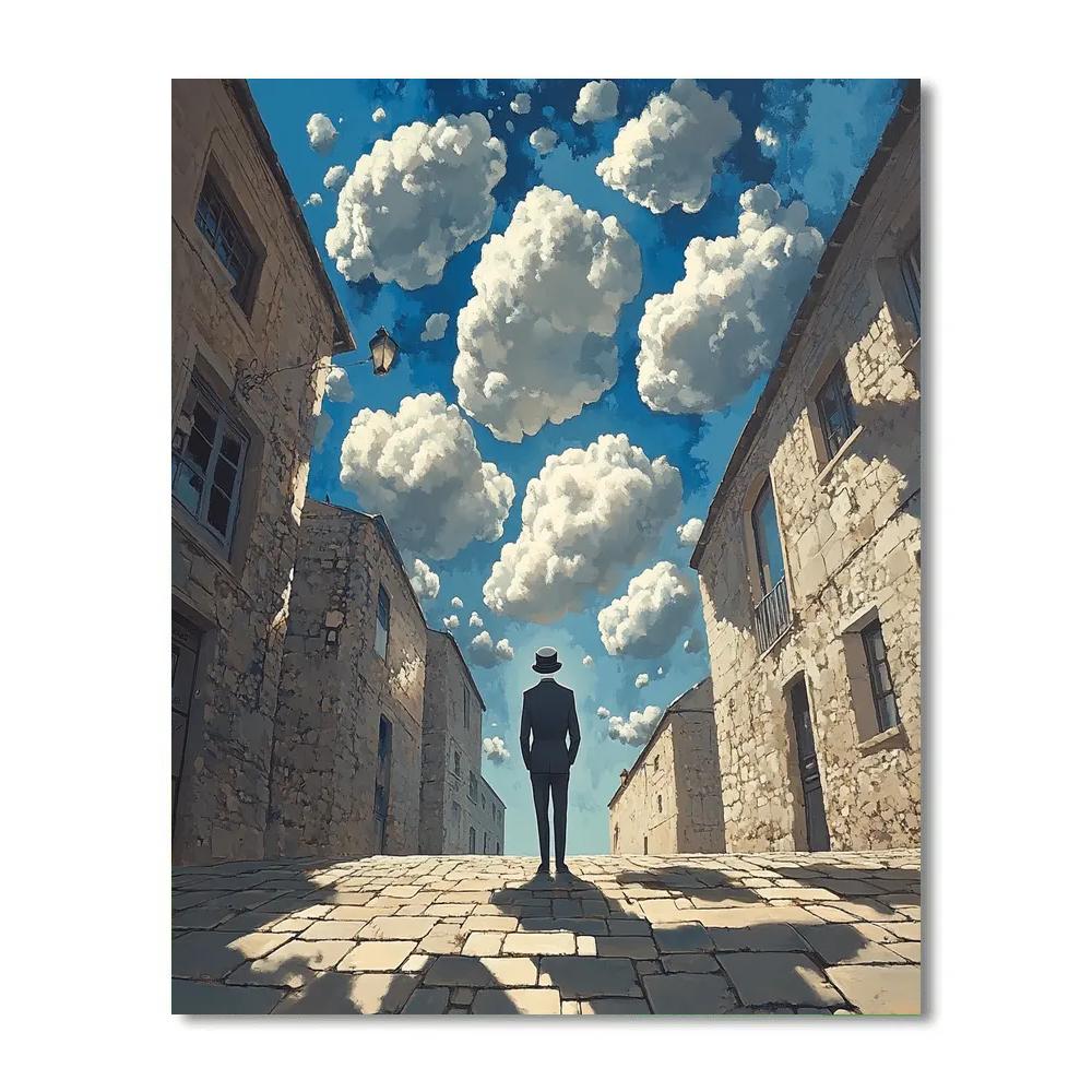 René Magritte Inspired Man In Bowler Under Floating Clouds painting number kit
