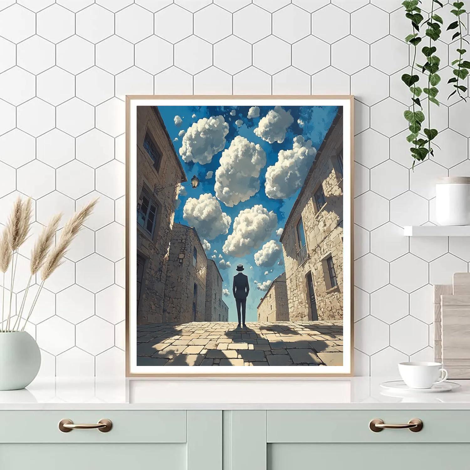 René Magritte Inspired Man In Bowler Under Floating Clouds painting number kit