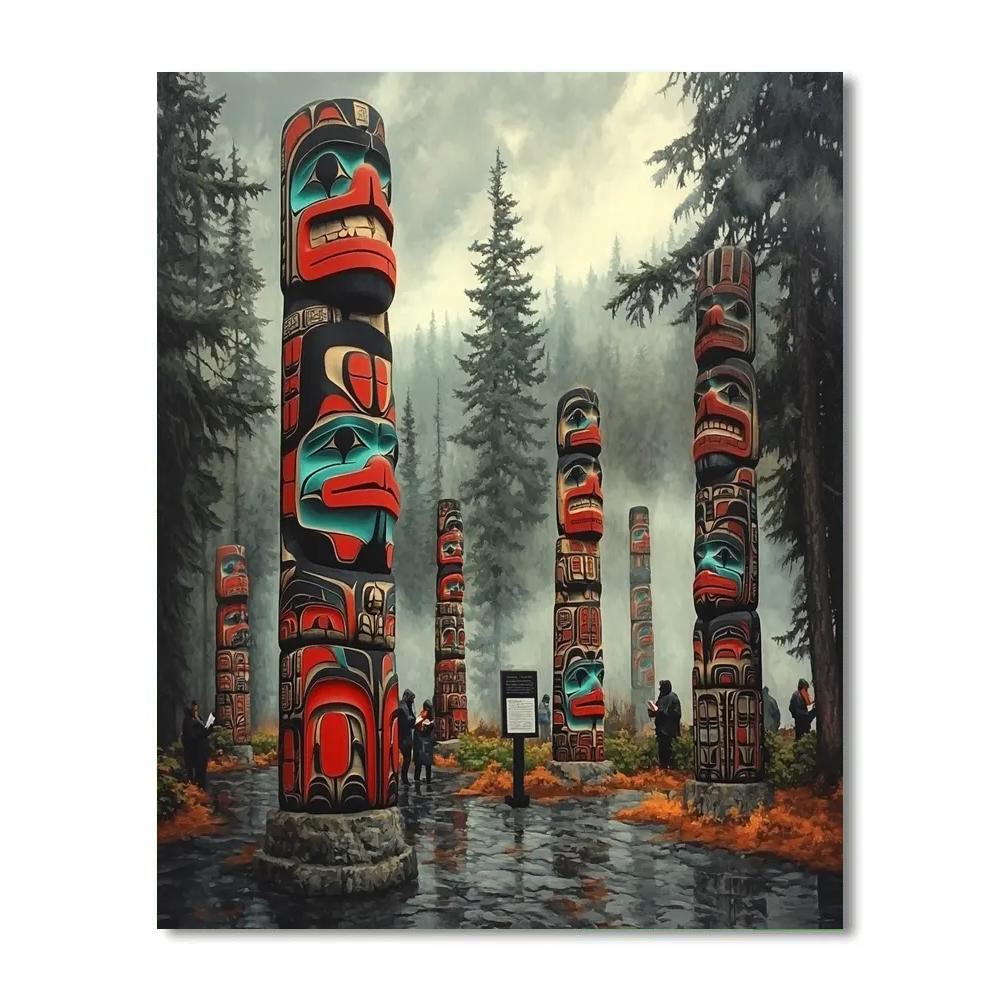 Misty Morning At Stanley Park Totem Poles Vancouver Canada paint by number