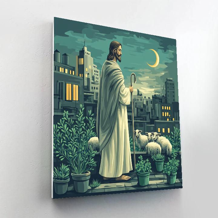 Jesus Good Shepherd Of City Rooftops DIY paint by numbers