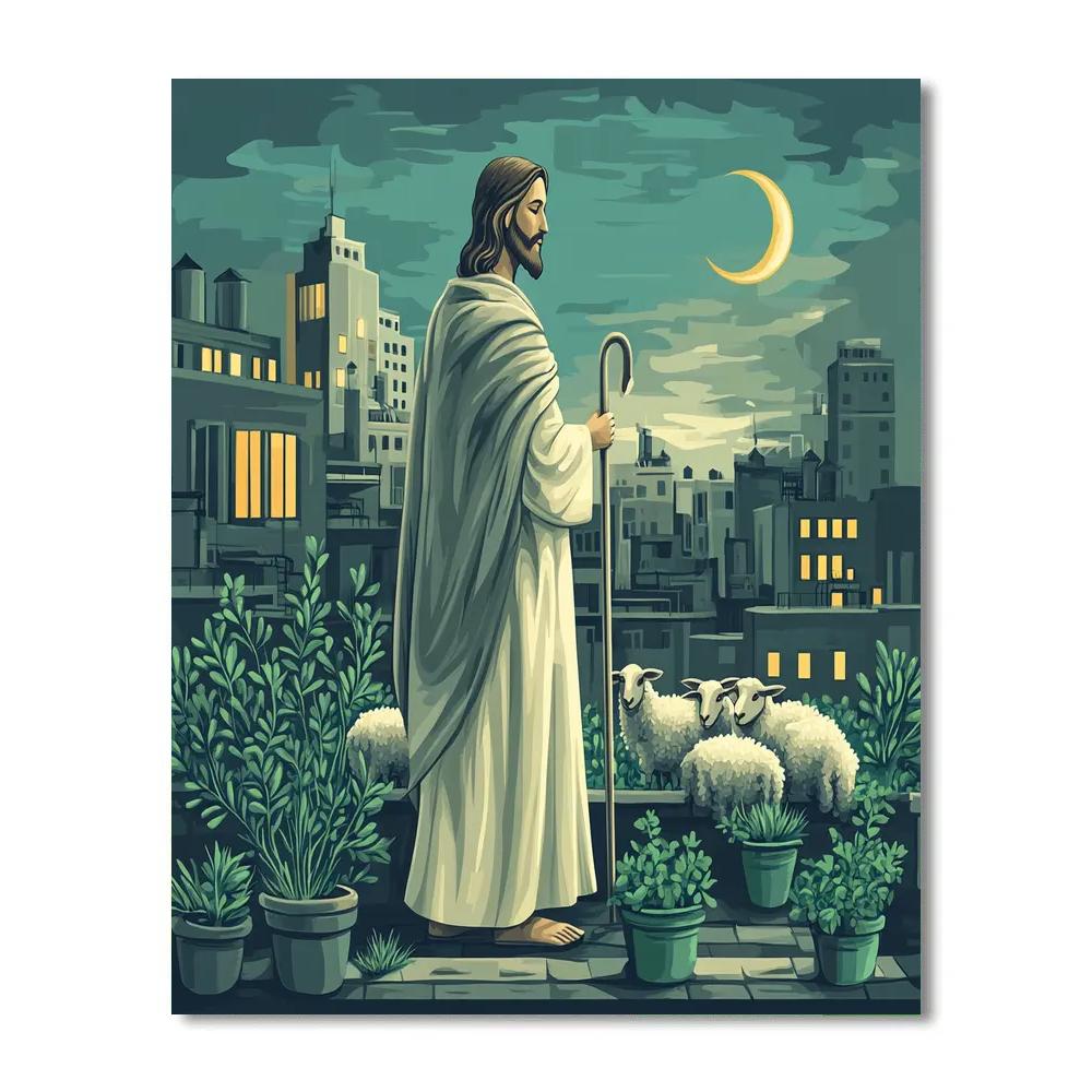 Jesus Good Shepherd Of City Rooftops DIY paint by numbers