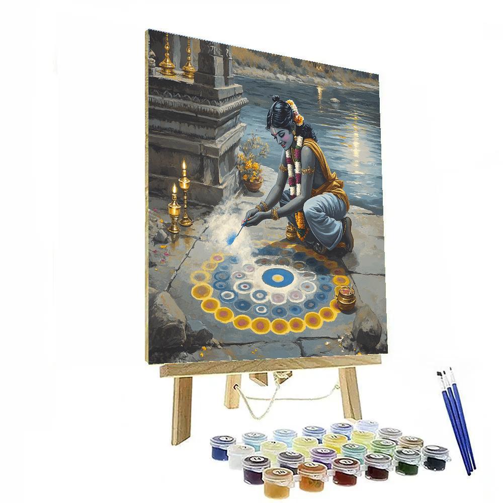 Krishna And The Riverside Rangoli Of Moon Phases painting number kit
