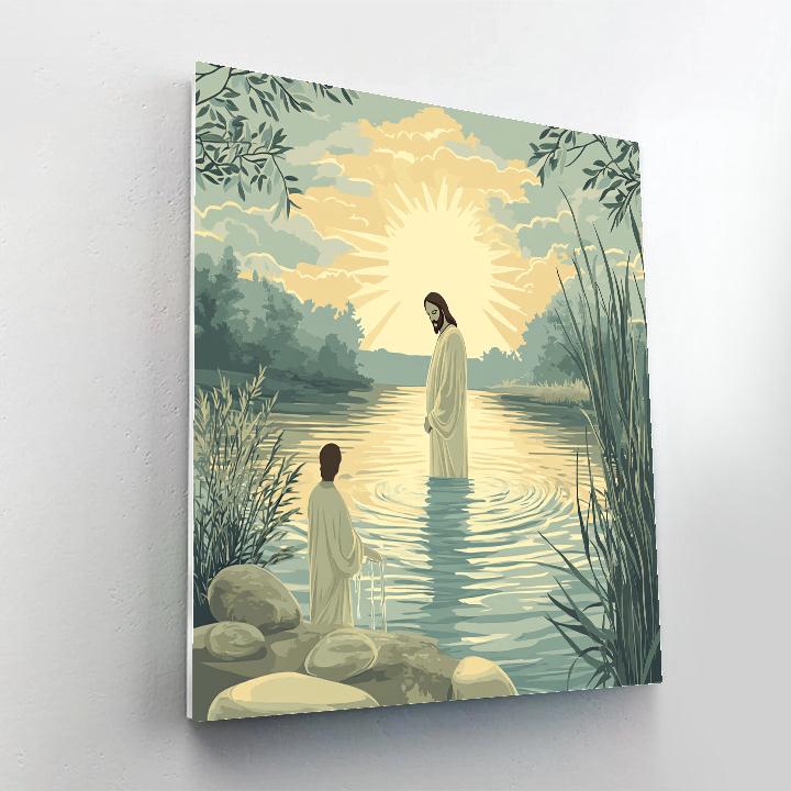 Jesus Sunrise Over River Baptism Scene paint by color