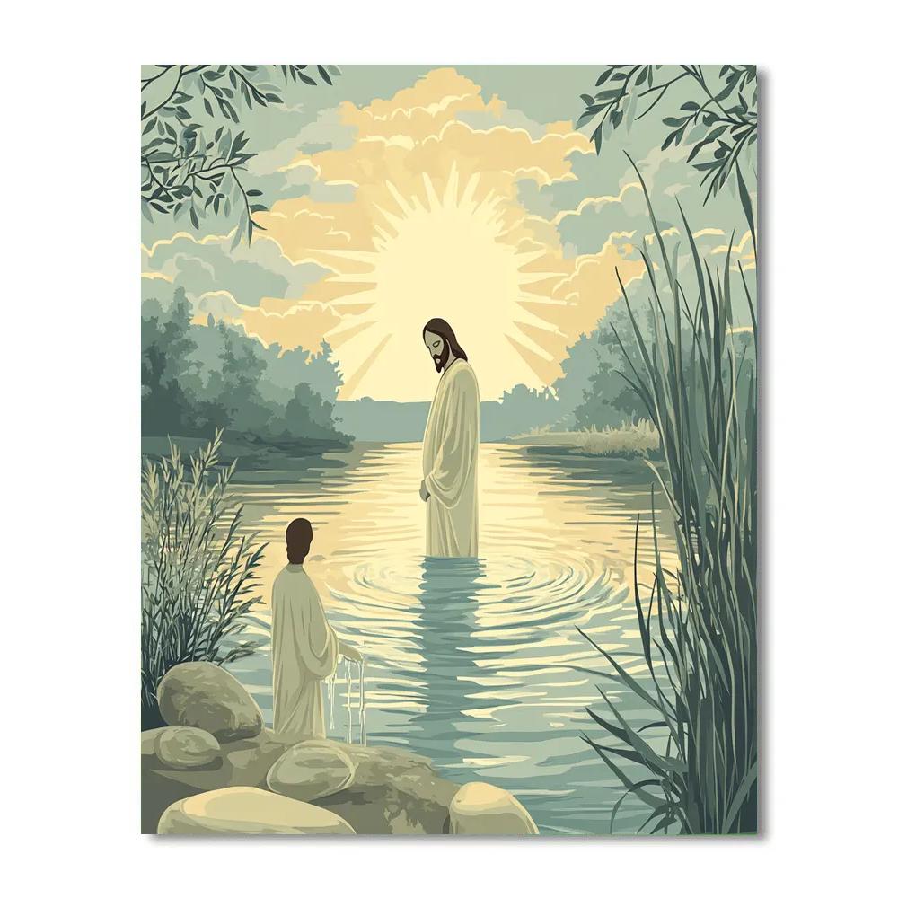 Jesus Sunrise Over River Baptism Scene paint by color