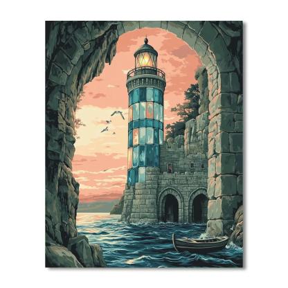 Harbor Lighthouse Castle In Tidal Glass Painting by numbers kit