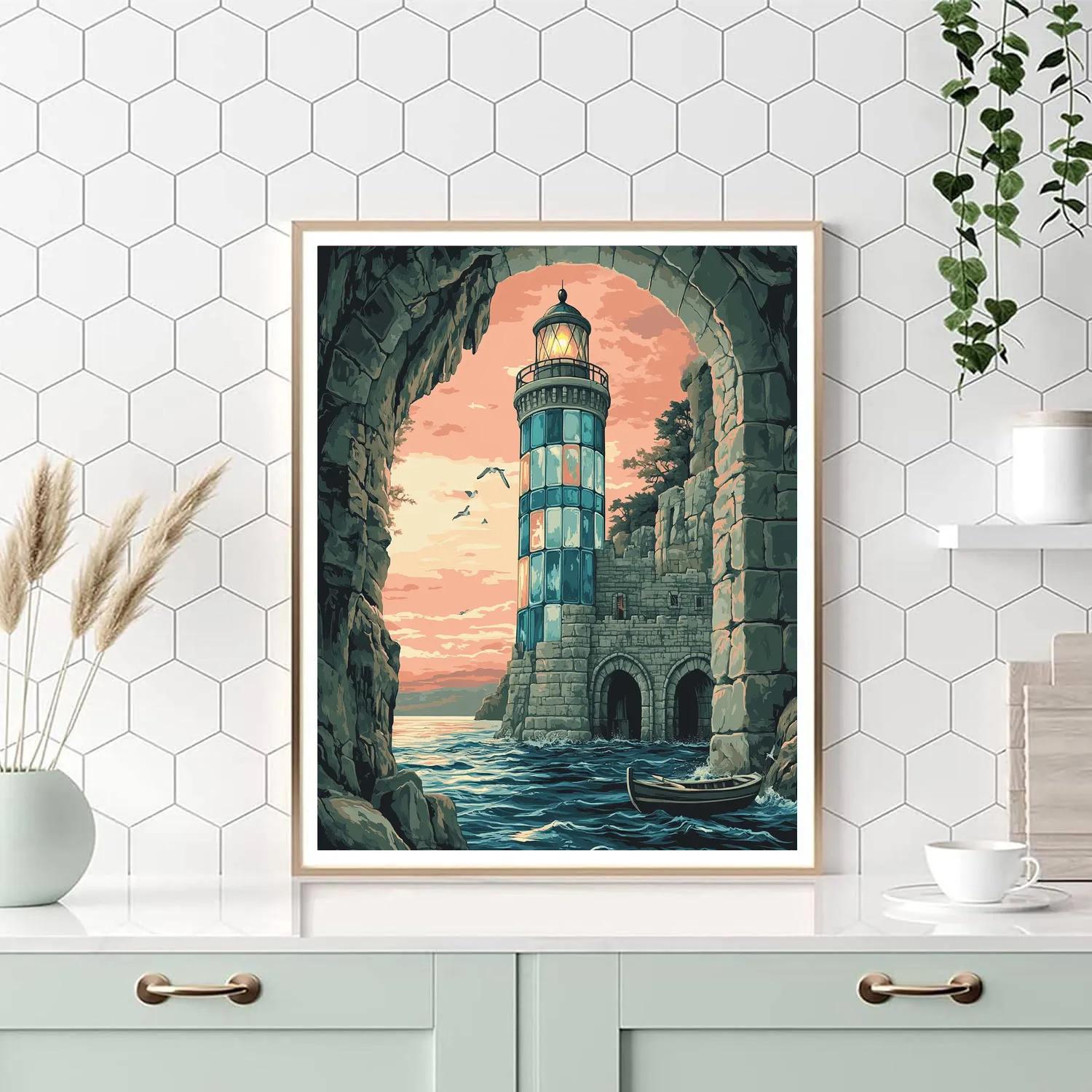 Harbor Lighthouse Castle In Tidal Glass Painting by numbers kit