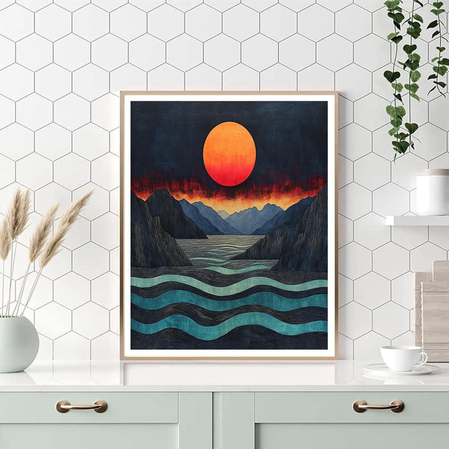 Edvard Munch Inspired Fjord Eclipse Over Pulsing Water Paint by numbers art